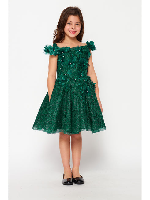 Bliss Little Girls Hunter Green 3D Floral Applique Flower Girl Dress 2-6 - SophiasStyle.com